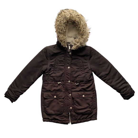 H&M LOGG Girls Winter Coat Parka Removable Hood Faux Fur Lined Brown Size 10 - Picture 1 of 6